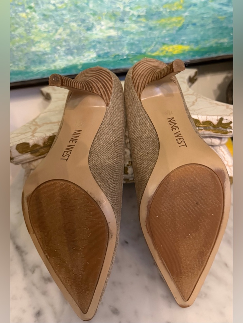 Nine West Linen like Off-Brown Lace-Up Back Pointed-Toe Heels - Picture 5 of 7